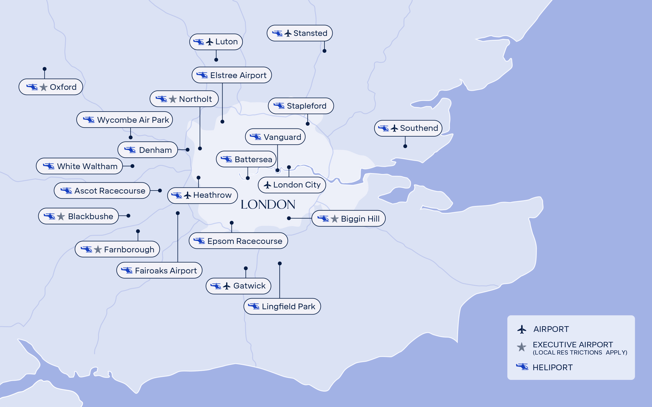 Map showing airports in and around London, England.