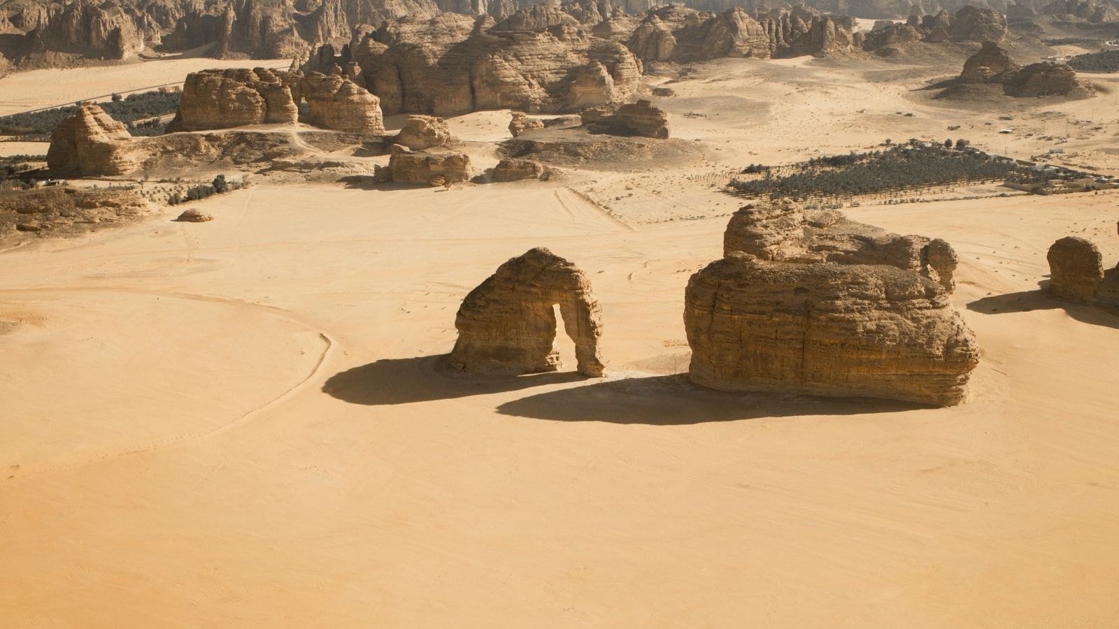 Aerial view of Elephant Rock from Helicopter, AlUla, Suaid Arabia